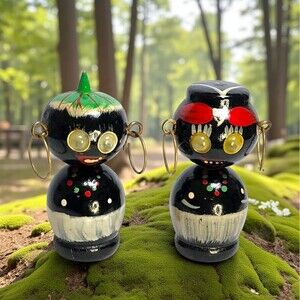 Rare Vintage Japanese Kokeshi Bobblehead Dolls Hoops Hand Painted Teeth Tribal
